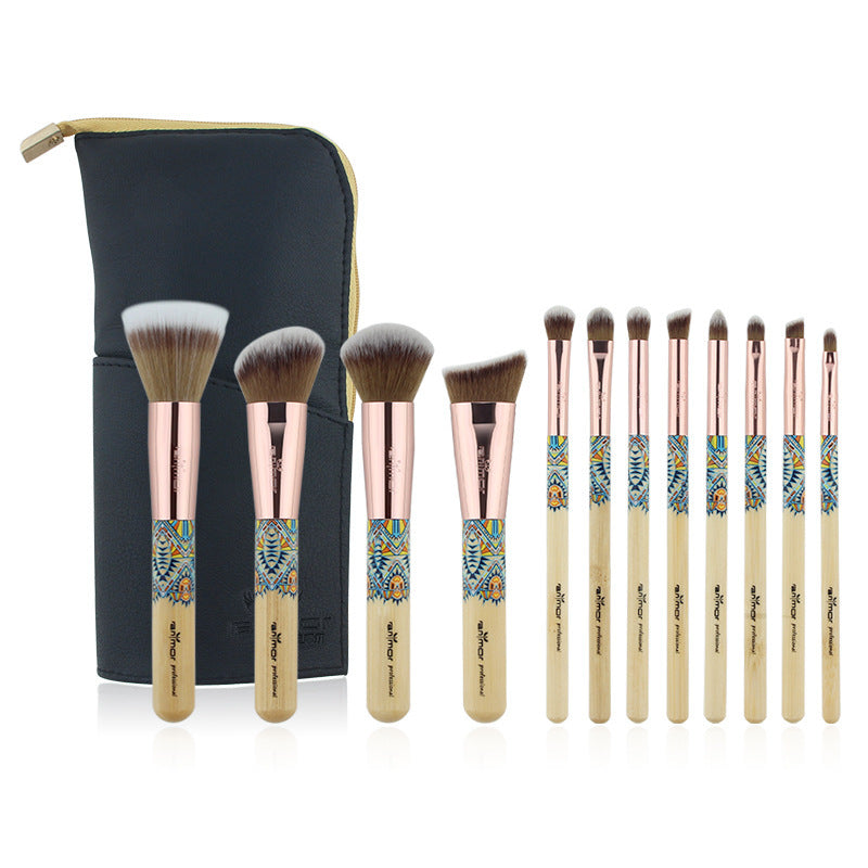 JMT-719114 12-Piece Makeup Brush Set with Wooden Handles and Soft Man-Made Fiber Bristles