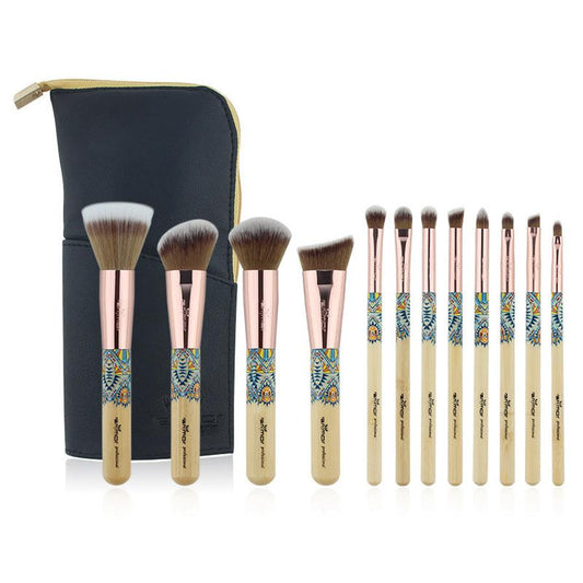 JMT-719114 12-Piece Makeup Brush Set with Wooden Handles and Soft Man-Made Fiber Bristles