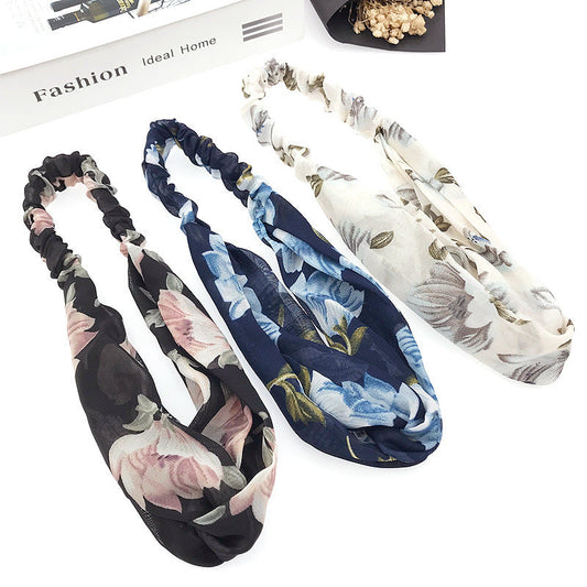 JMT-720522 Korean Style Printed Cross Elastic Camellia Headband for Women
