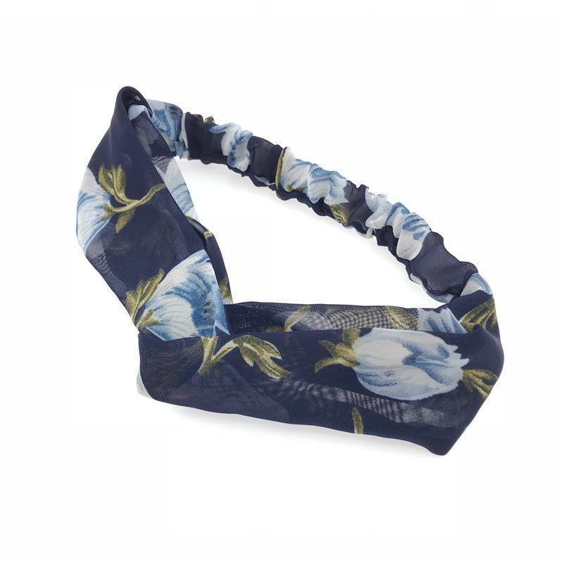 JMT-720522 Korean Style Printed Cross Elastic Camellia Headband for Women