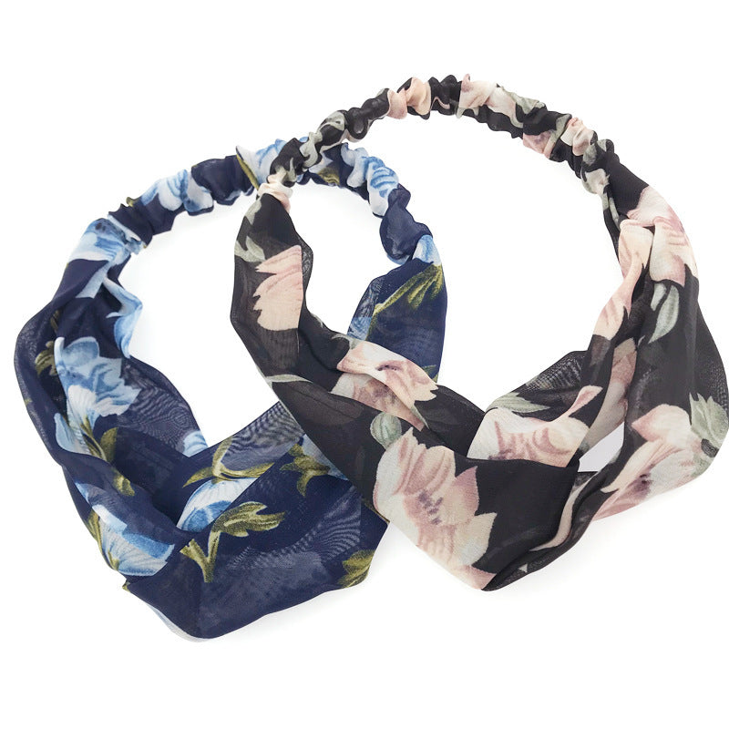 JMT-720522 Korean Style Printed Cross Elastic Camellia Headband for Women