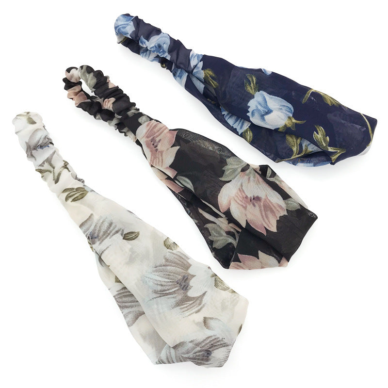 JMT-720522 Korean Style Printed Cross Elastic Camellia Headband for Women