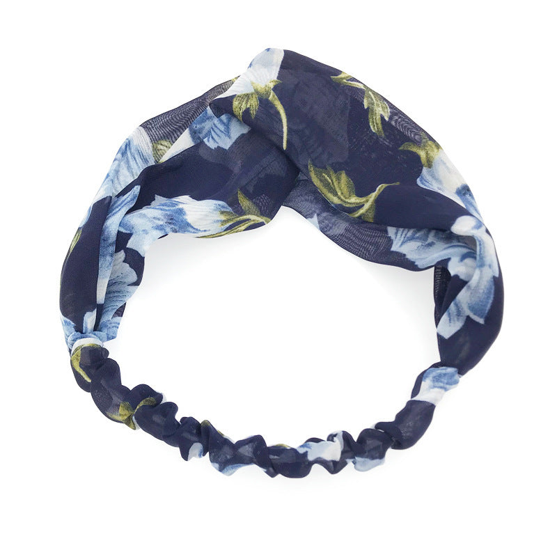 JMT-720522 Korean Style Printed Cross Elastic Camellia Headband for Women