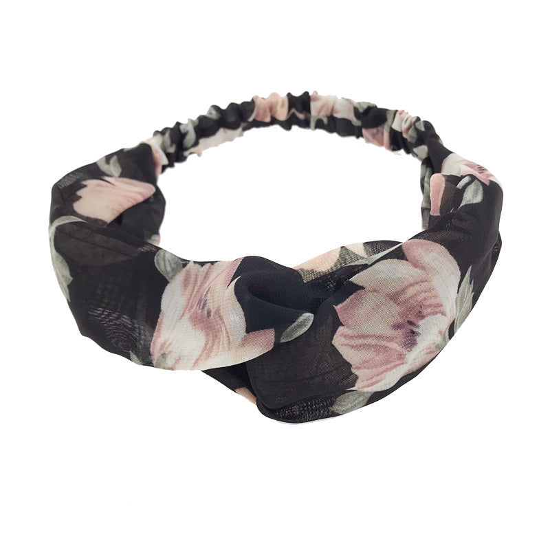 JMT-720522 Korean Style Printed Cross Elastic Camellia Headband for Women