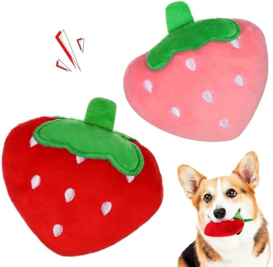 JMT-720970 Strawberry Shaped Soft Plush Dog Chew Toy - Interactive Squeaky Puppy Teeth Cleaning Accessory