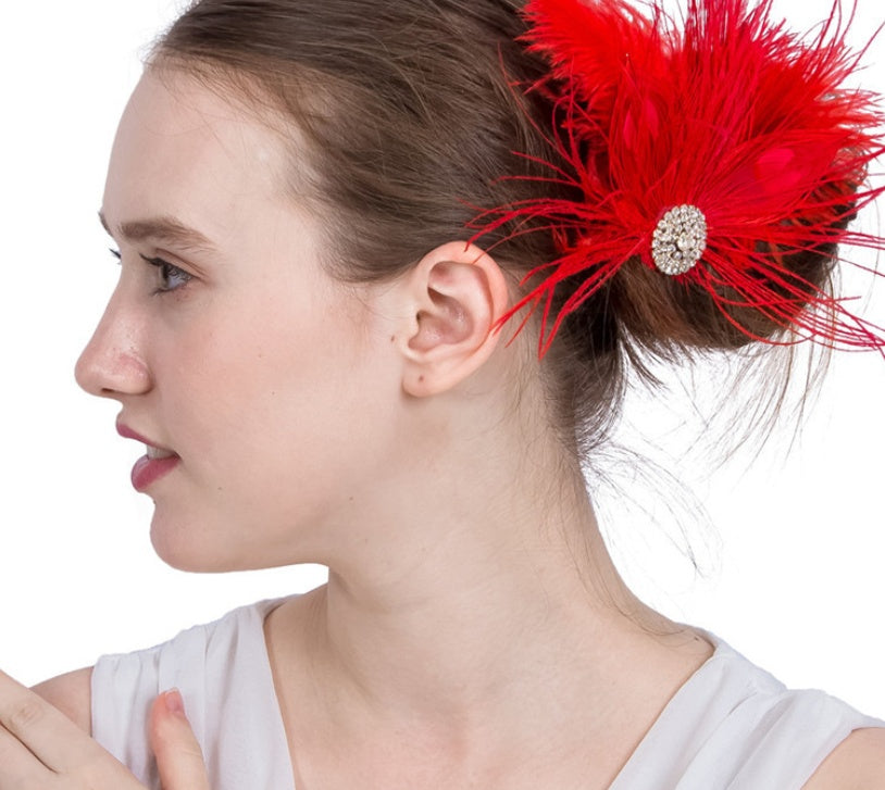 JMT-721674 Red Feather Headdress Hairpin - Handmade Floral Accessory for Celebrations and Special Occasions