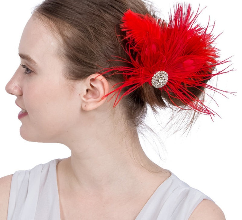 JMT-721674 Red Feather Headdress Hairpin - Handmade Floral Accessory for Celebrations and Special Occasions