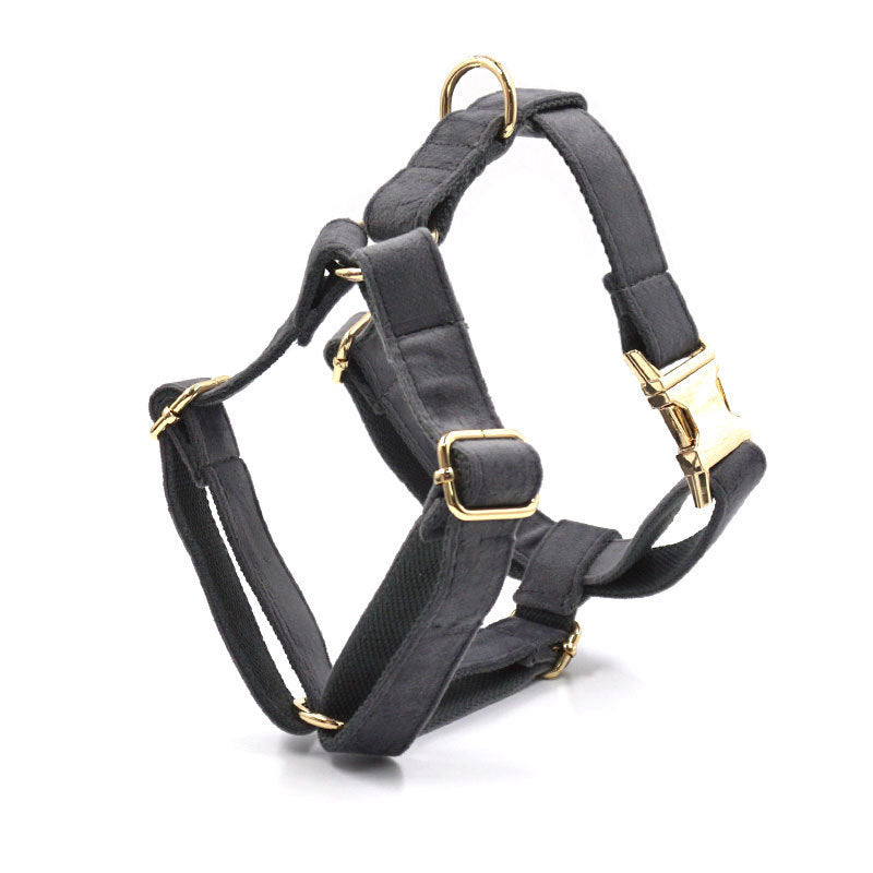 JMT-726922 Dark Grey Velvet Pet Collar and Leash Set with Bow, Chest Harness, and Waste Bag
