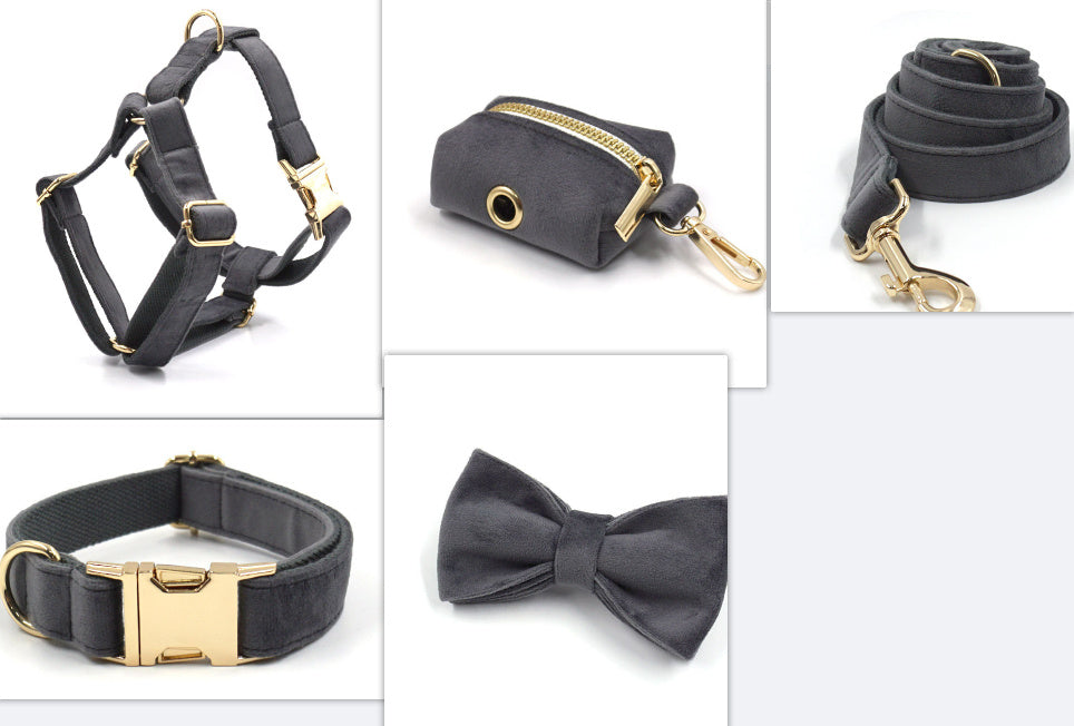 JMT-726922 Dark Grey Velvet Pet Collar and Leash Set with Bow, Chest Harness, and Waste Bag