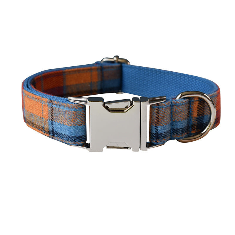 JMT-727242 Blue Velvet Plaid Pet Dog Collar with Alloy Buckle - Four Seasons Adjustable Size S, M, L, XL