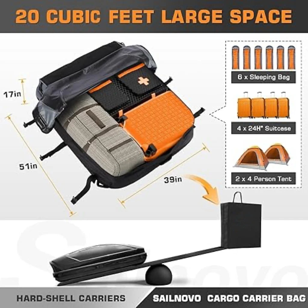 JMT-727370 Waterproof 20 Cubic Feet Rooftop Cargo Carrier for Vehicles Without Luggage Racks
