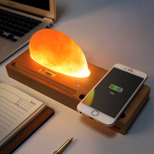 JMT-727434 Wireless Charging Crystal Salt Lamp with Wooden Base and LED Warm White Light