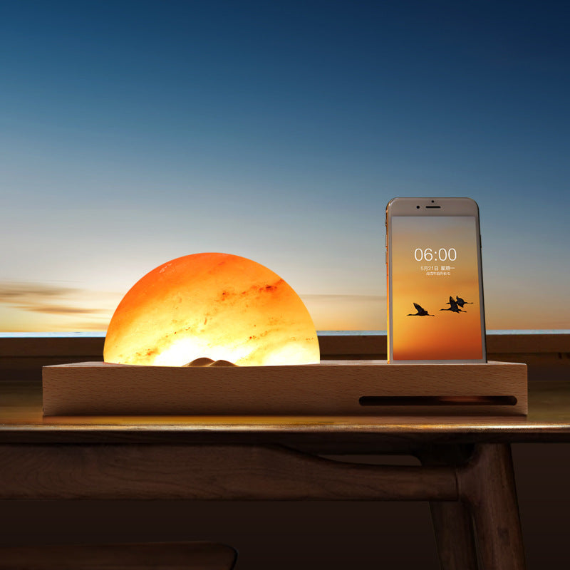 JMT-727434 Wireless Charging Crystal Salt Lamp with Wooden Base and LED Warm White Light