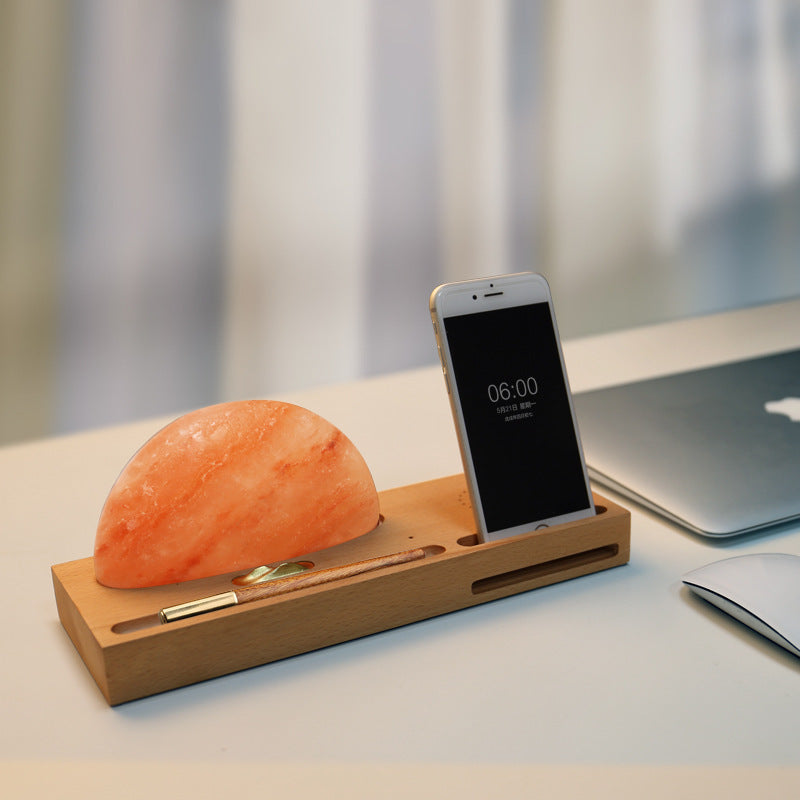 JMT-727434 Wireless Charging Crystal Salt Lamp with Wooden Base and LED Warm White Light