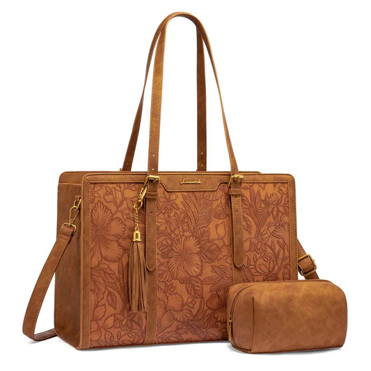 JMT-727562 Vintage PU Leather Laptop Tote for 15.6-17 Inch Laptops with Clutch Purse, Large Capacity Work Bag for Women