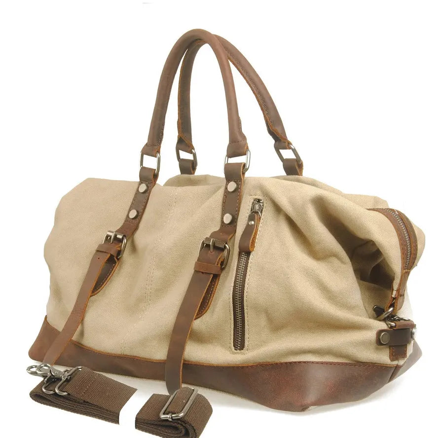 JMT-729290 High Capacity Canvas Shoulder Duffel Bag - Travel Tote with Cowhide Accents