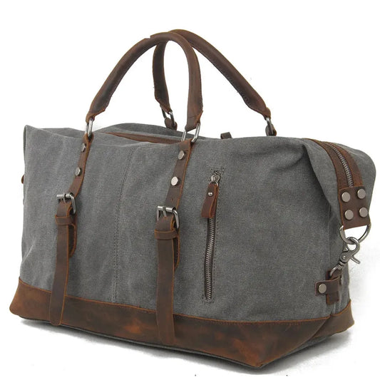 JMT-729290 High Capacity Canvas Shoulder Duffel Bag - Travel Tote with Cowhide Accents