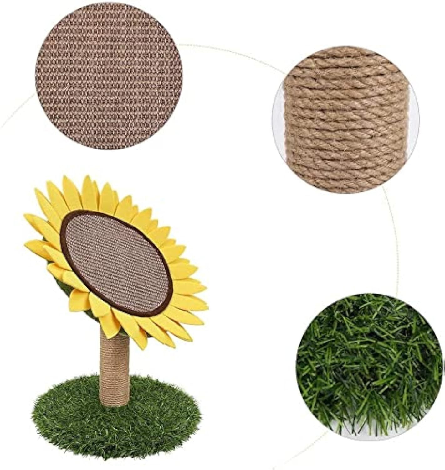 JMT-729866 Sunflower Cat Scratching Post with Sisal-Covered Pole and Grass Base for Indoor Cats
