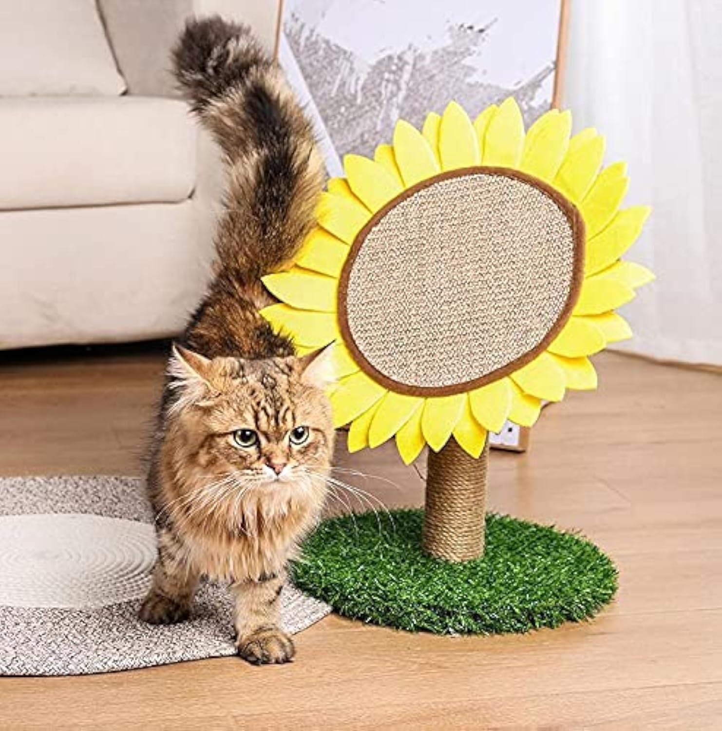 JMT-729866 Sunflower Cat Scratching Post with Sisal-Covered Pole and Grass Base for Indoor Cats