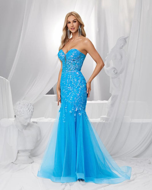JMT-730122 Elegant Blue Evening Gown with Exquisite Detailing for Women