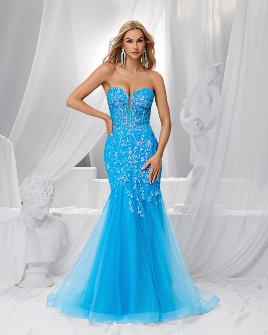 JMT-730122 Elegant Blue Evening Gown with Exquisite Detailing for Women