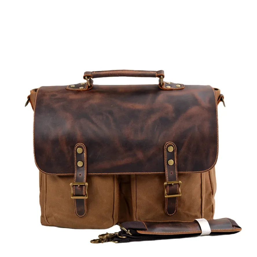 JMT-730442 Large Capacity Retro Canvas Crossbody Shoulder Bag with Crazy Horse Skin for 15.6-inch Laptop