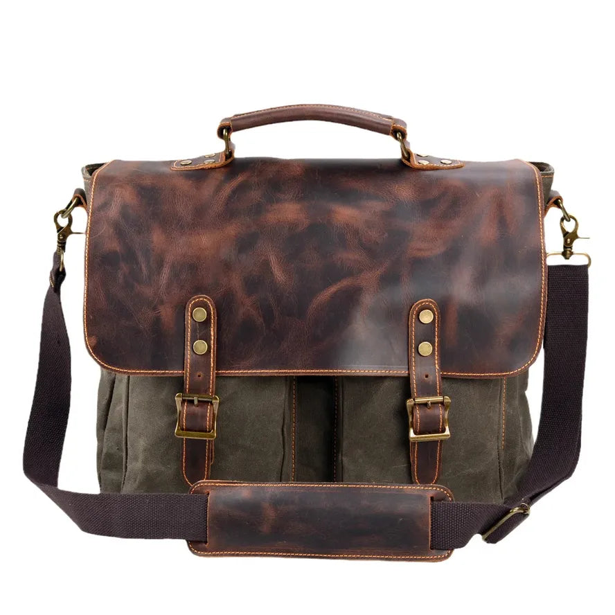 JMT-730442 Large Capacity Retro Canvas Crossbody Shoulder Bag with Crazy Horse Skin for 15.6-inch Laptop