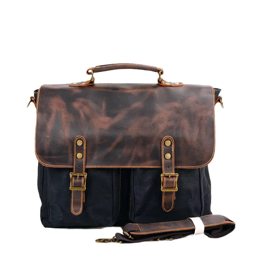 JMT-730442 Large Capacity Retro Canvas Crossbody Shoulder Bag with Crazy Horse Skin for 15.6-inch Laptop