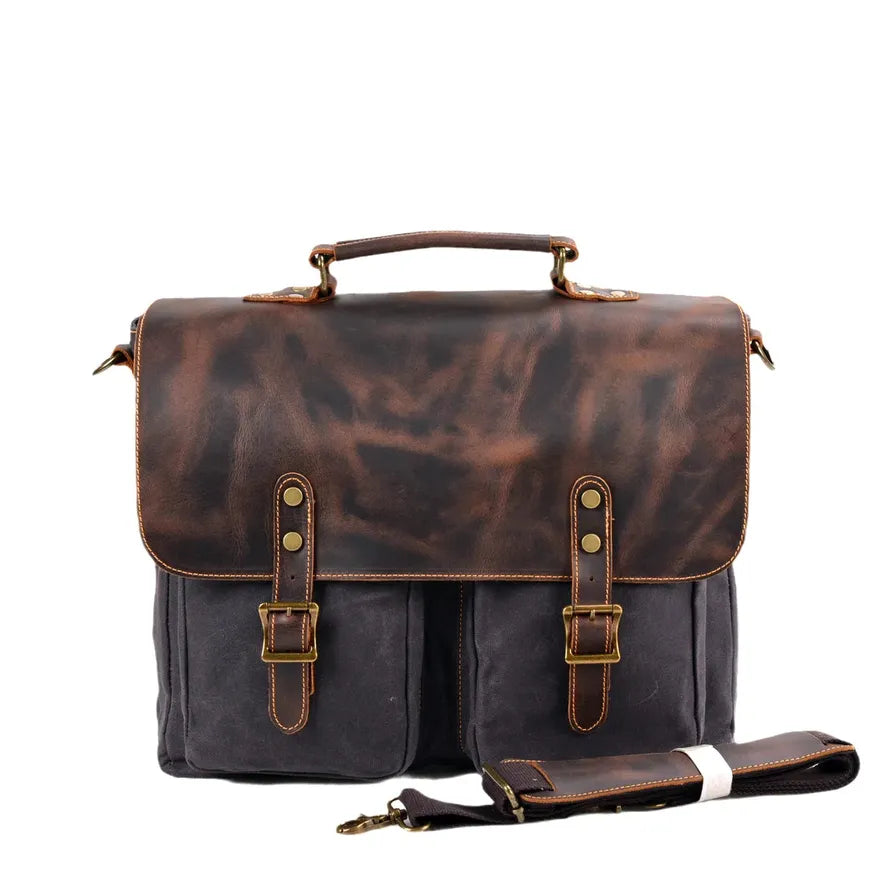 JMT-730442 Large Capacity Retro Canvas Crossbody Shoulder Bag with Crazy Horse Skin for 15.6-inch Laptop