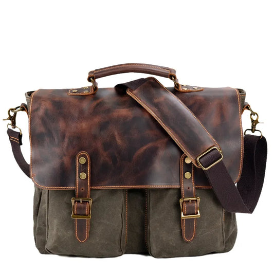 JMT-730442 Large Capacity Retro Canvas Crossbody Shoulder Bag with Crazy Horse Skin for 15.6-inch Laptop