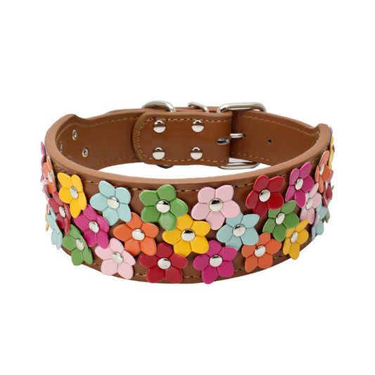 JMT-731850 Three Rows of Flowers Large Dog Collar in Multiple Colors - Durable PU Material for Pet Comfort