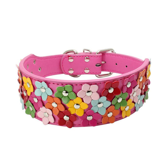 JMT-731850 Three Rows of Flowers Large Dog Collar in Multiple Colors - Durable PU Material for Pet Comfort