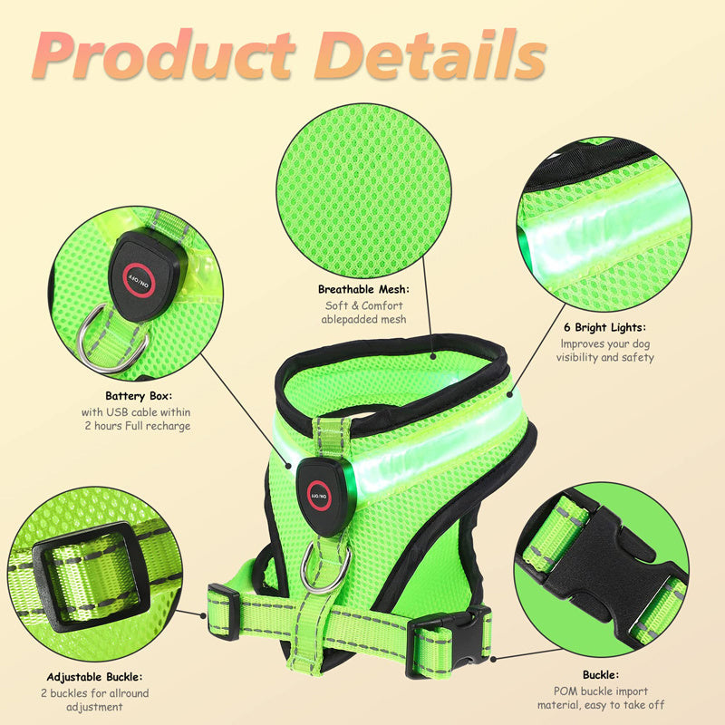 JMT-733834 Rechargeable Mesh LED Lighted Dog Harness with USB Charging and Multiple Flashing Modes