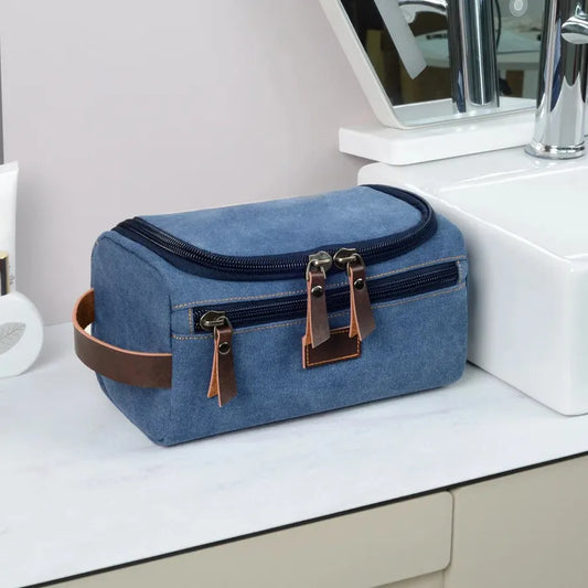 JMT-734538 Vintage Canvas Makeup Bag - Portable Large Capacity Storage Tote in Black, Dark Grey, and Blue