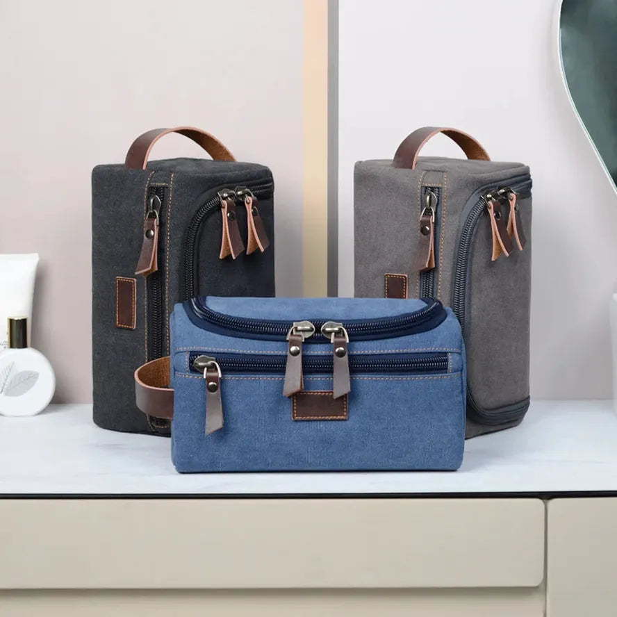 JMT-734538 Vintage Canvas Makeup Bag - Portable Large Capacity Storage Tote in Black, Dark Grey, and Blue