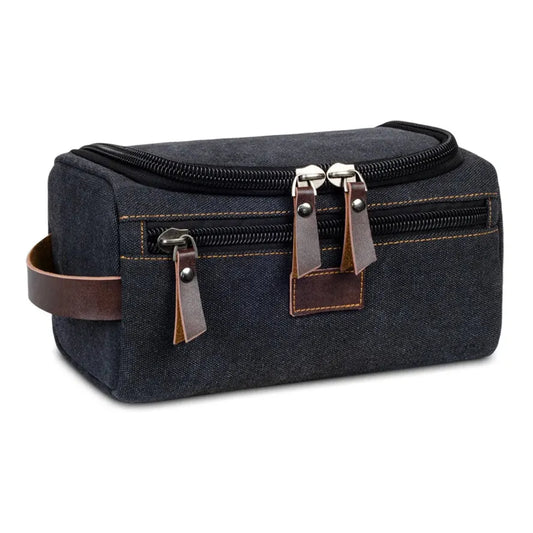 JMT-734538 Vintage Canvas Makeup Bag - Portable Large Capacity Storage Tote in Black, Dark Grey, and Blue