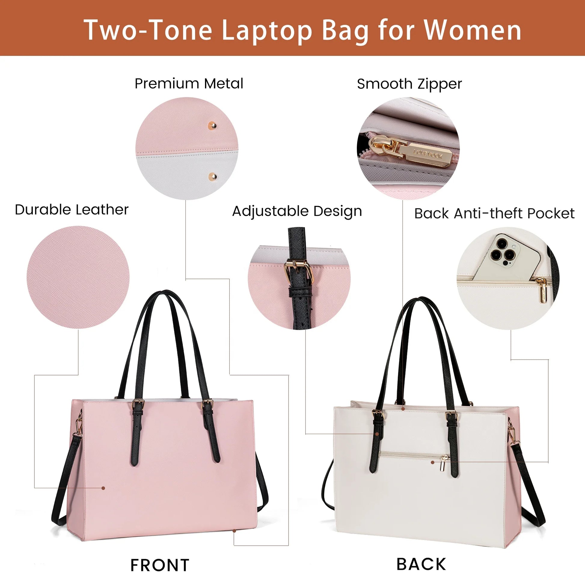 JMT-735626 Large Capacity PU Leather Laptop Tote Bag for 15.6-Inch Computers - Stylish Women's Shoulder Briefcase