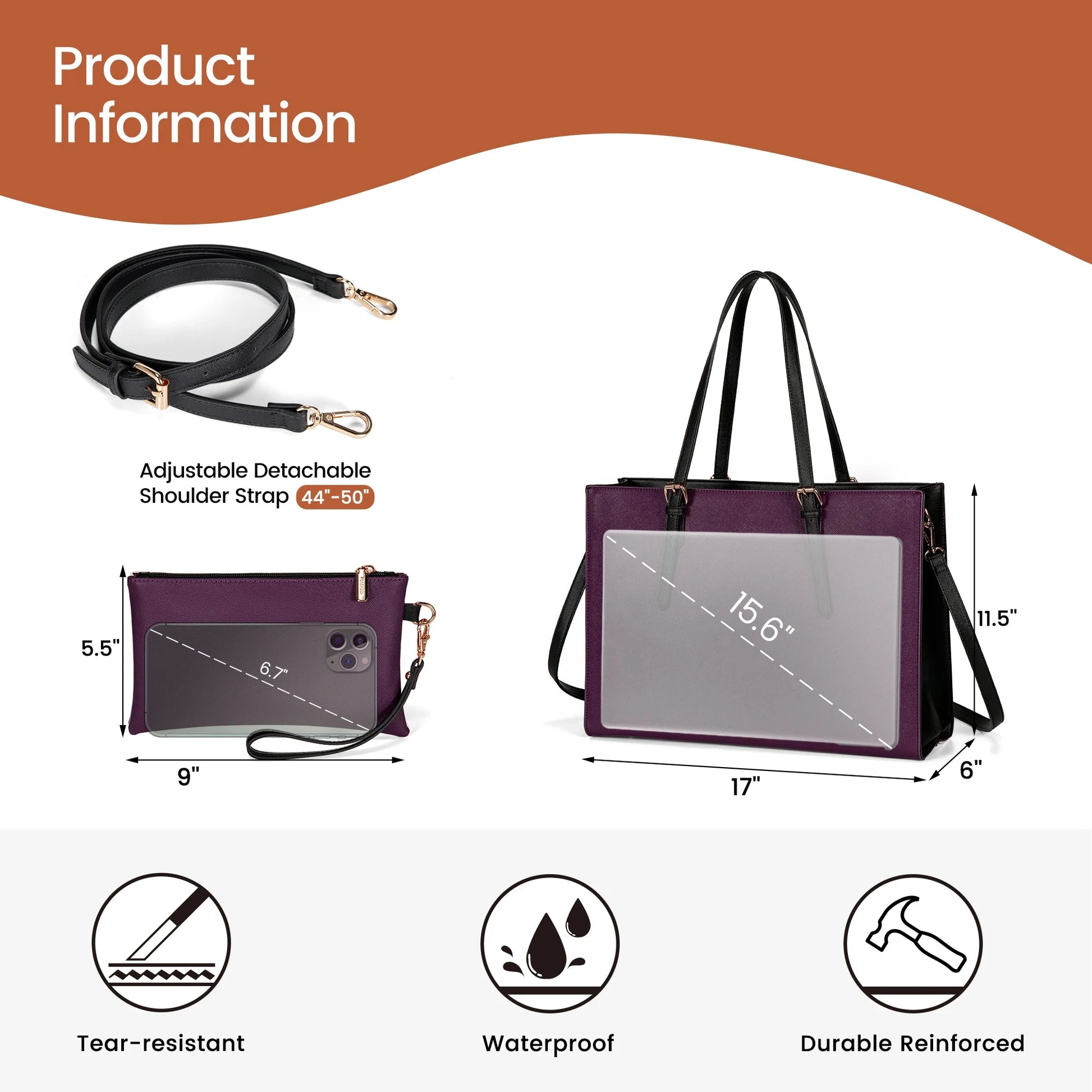 JMT-735626 Large Capacity PU Leather Laptop Tote Bag for 15.6-Inch Computers - Stylish Women's Shoulder Briefcase