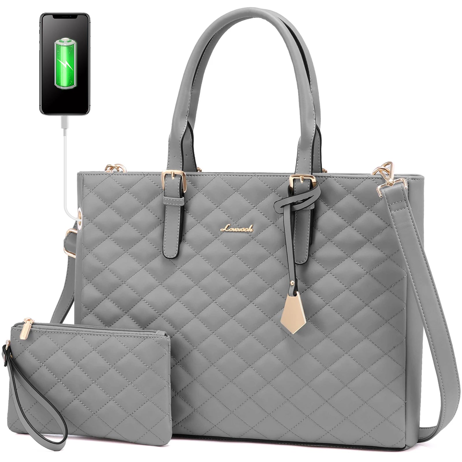 JMT-737674 Quilted Leather Waterproof Laptop Tote Bag for 15.6 Inch Computers - 2 Piece Set for Women
