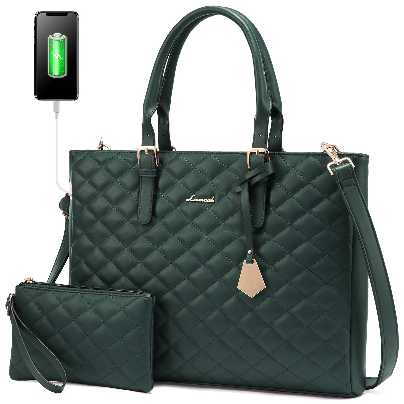 JMT-737674 Quilted Leather Waterproof Laptop Tote Bag for 15.6 Inch Computers - 2 Piece Set for Women