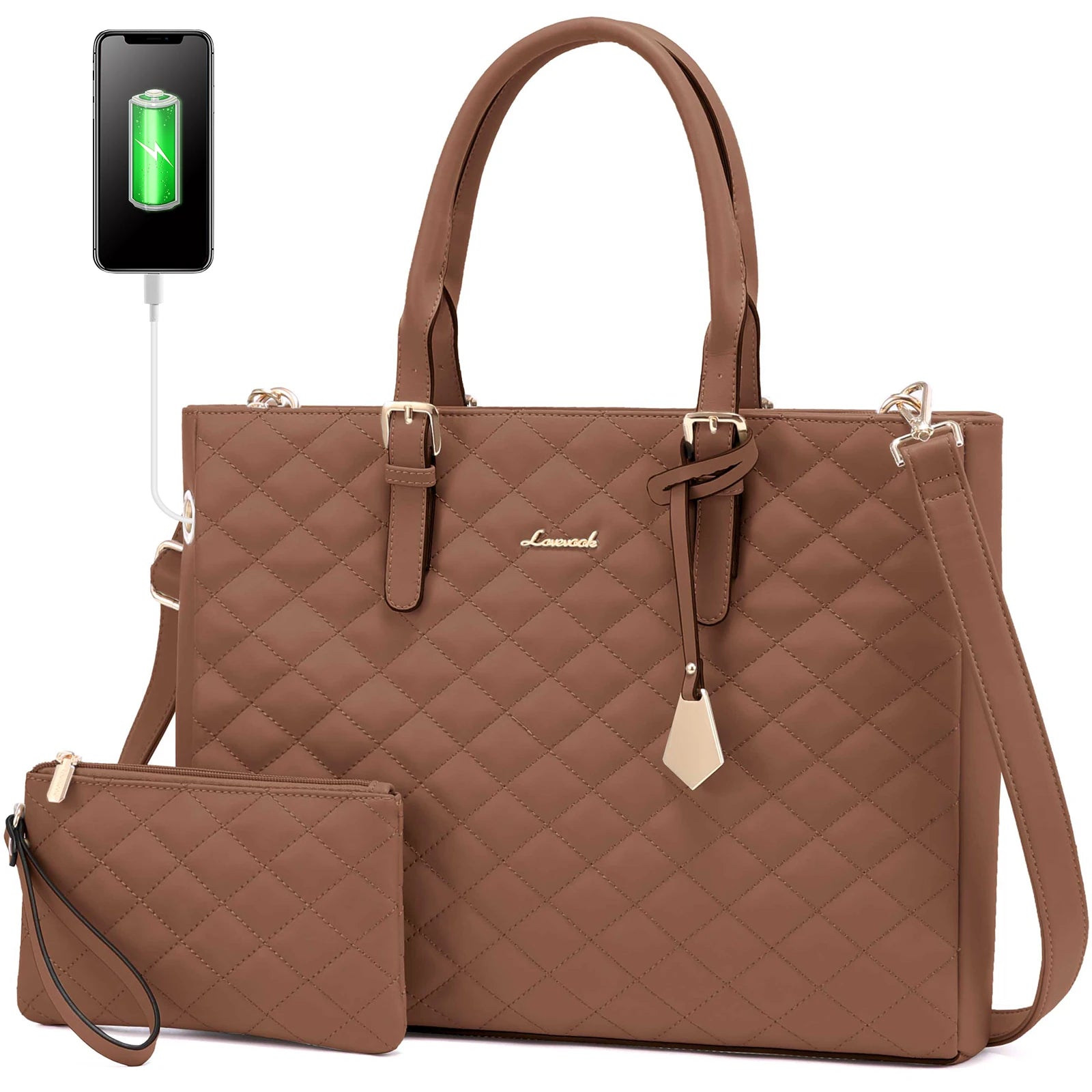 JMT-737674 Quilted Leather Waterproof Laptop Tote Bag for 15.6 Inch Computers - 2 Piece Set for Women