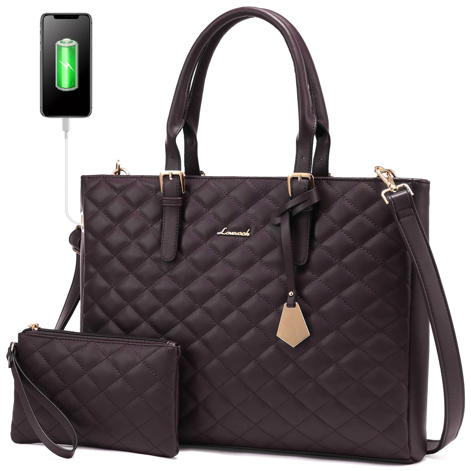 JMT-737674 Quilted Leather Waterproof Laptop Tote Bag for 15.6 Inch Computers - 2 Piece Set for Women