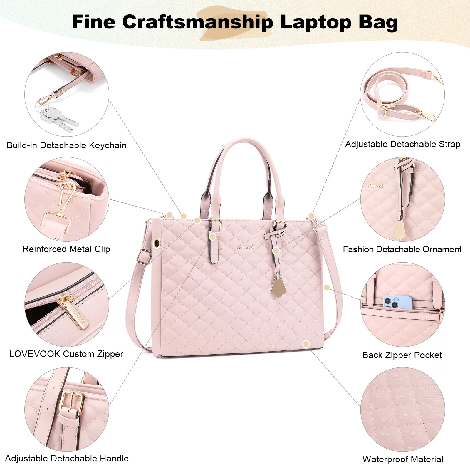 JMT-737674 Quilted Leather Waterproof Laptop Tote Bag for 15.6 Inch Computers - 2 Piece Set for Women