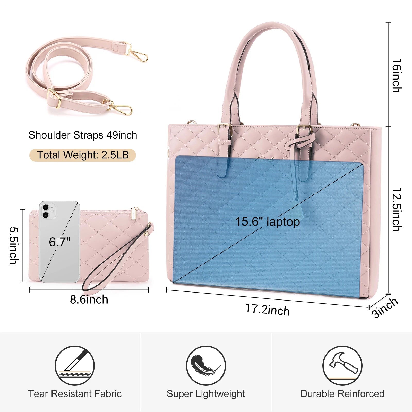 JMT-737674 Quilted Leather Waterproof Laptop Tote Bag for 15.6 Inch Computers - 2 Piece Set for Women