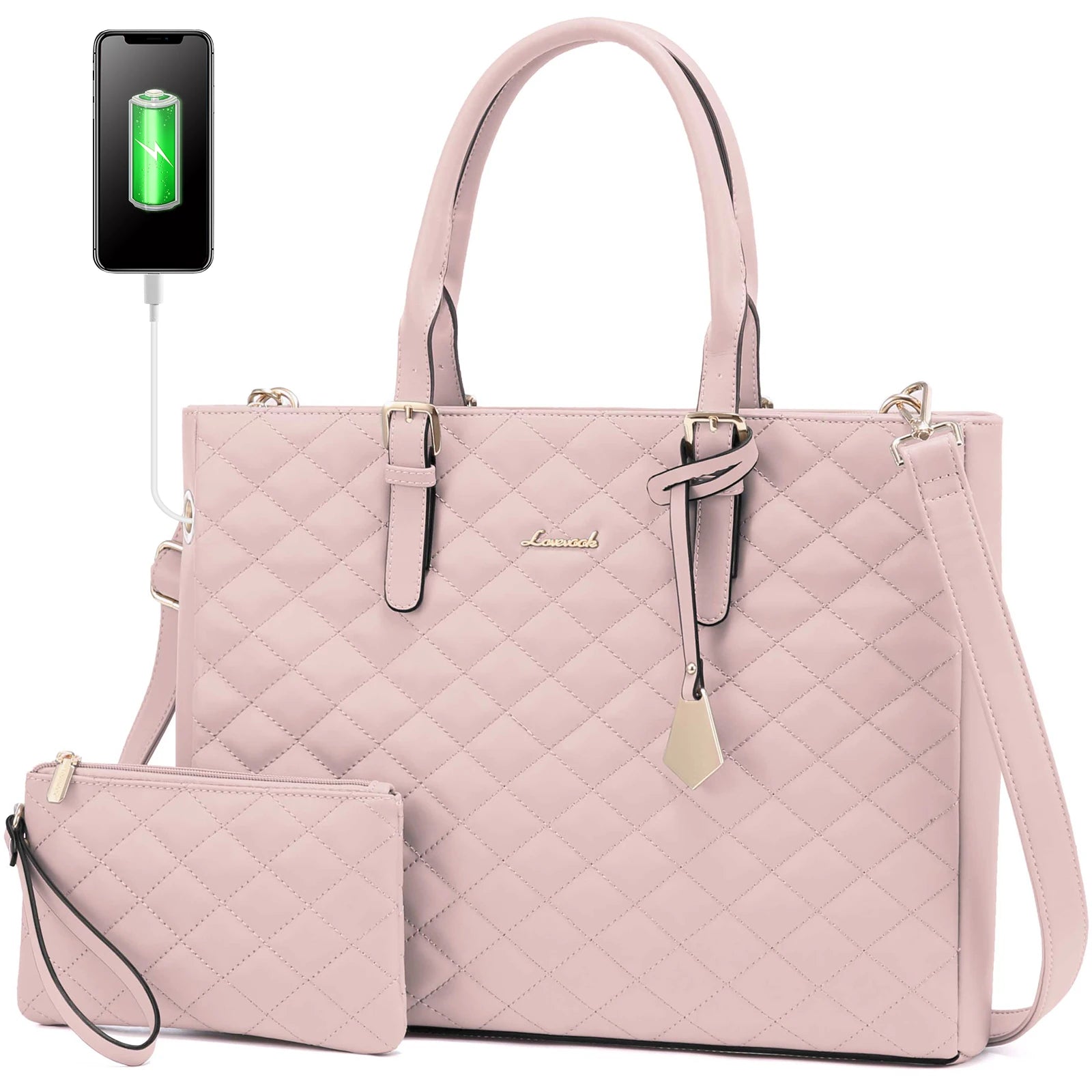 JMT-737674 Quilted Leather Waterproof Laptop Tote Bag for 15.6 Inch Computers - 2 Piece Set for Women