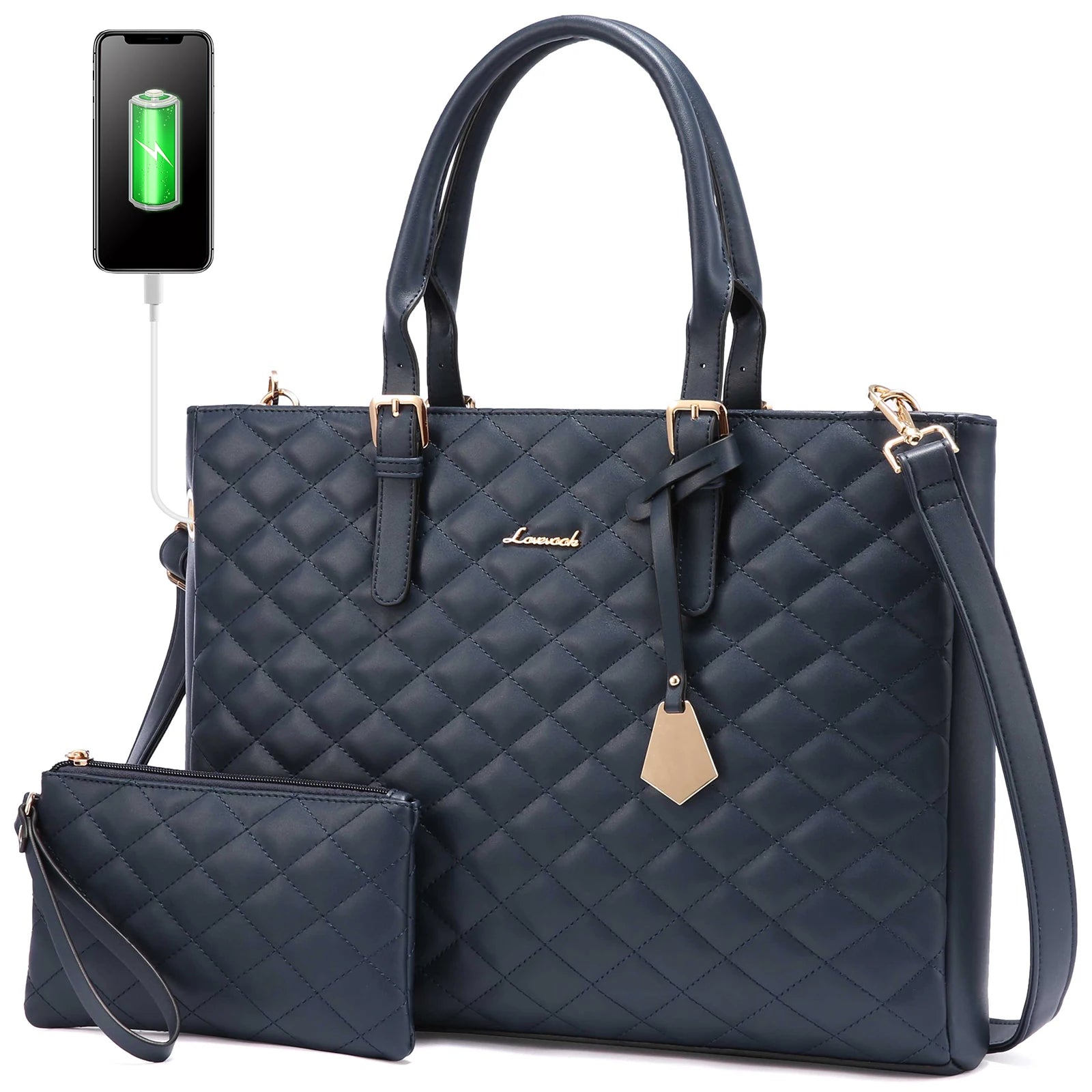 JMT-737674 Quilted Leather Waterproof Laptop Tote Bag for 15.6 Inch Computers - 2 Piece Set for Women
