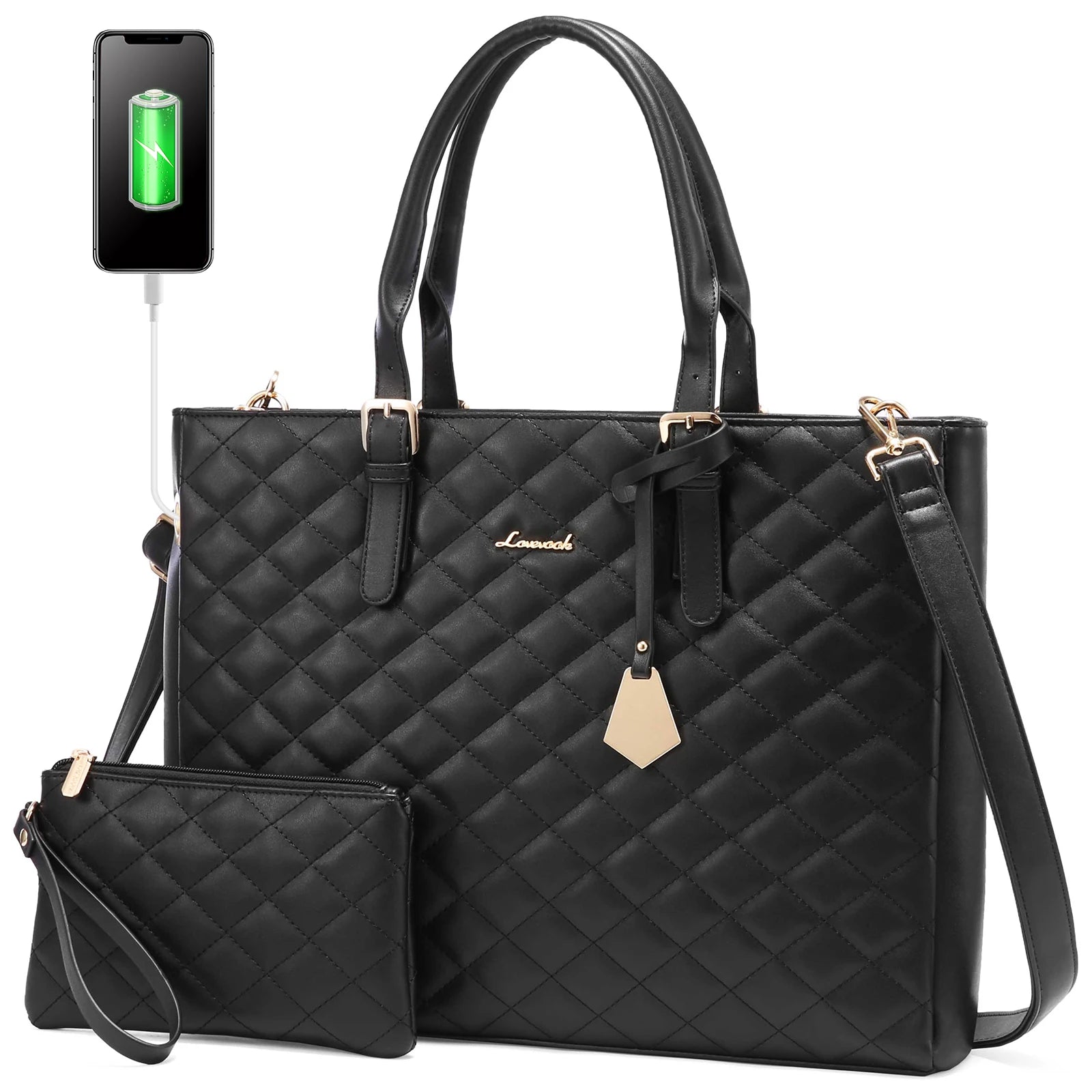 JMT-737674 Quilted Leather Waterproof Laptop Tote Bag for 15.6 Inch Computers - 2 Piece Set for Women