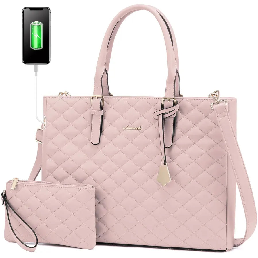 JMT-737674 Quilted Leather Waterproof Laptop Tote Bag for 15.6 Inch Computers - 2 Piece Set for Women