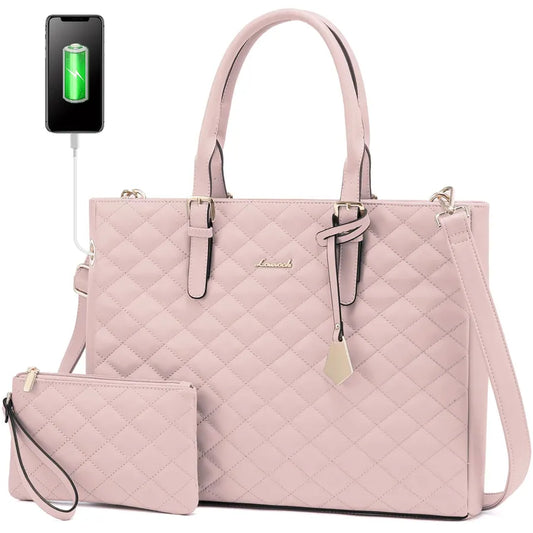 JMT-737674 Quilted Leather Waterproof Laptop Tote Bag for 15.6 Inch Computers - 2 Piece Set for Women