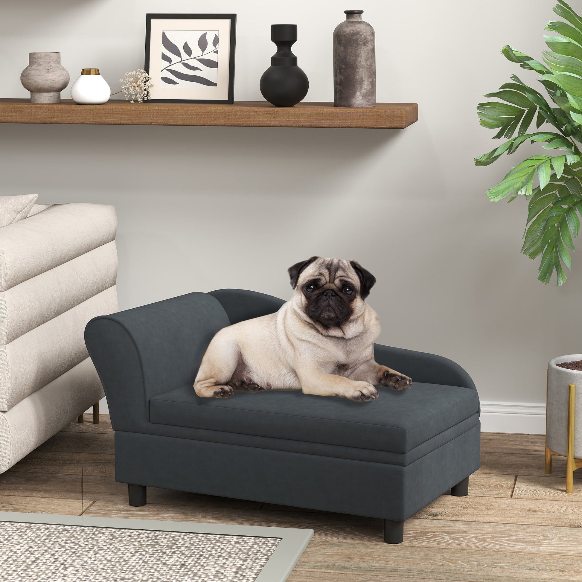 JMT-738250 Pet Sofa Bed with Storage for Cats and Small Dogs - Dark Gray, Cushioned Design, Eucalyptus Wood Frame